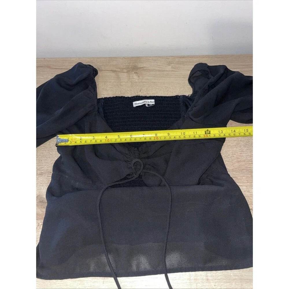 Abercrombie & Fitch M Black Smocked Top Puff Sleeve Ruched Tie Front Crop Blouse